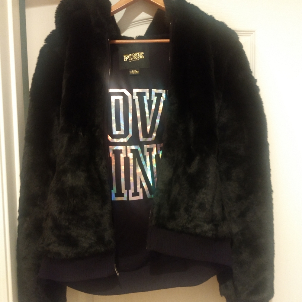 Pink Victoria secret black Fur jacket love pink M